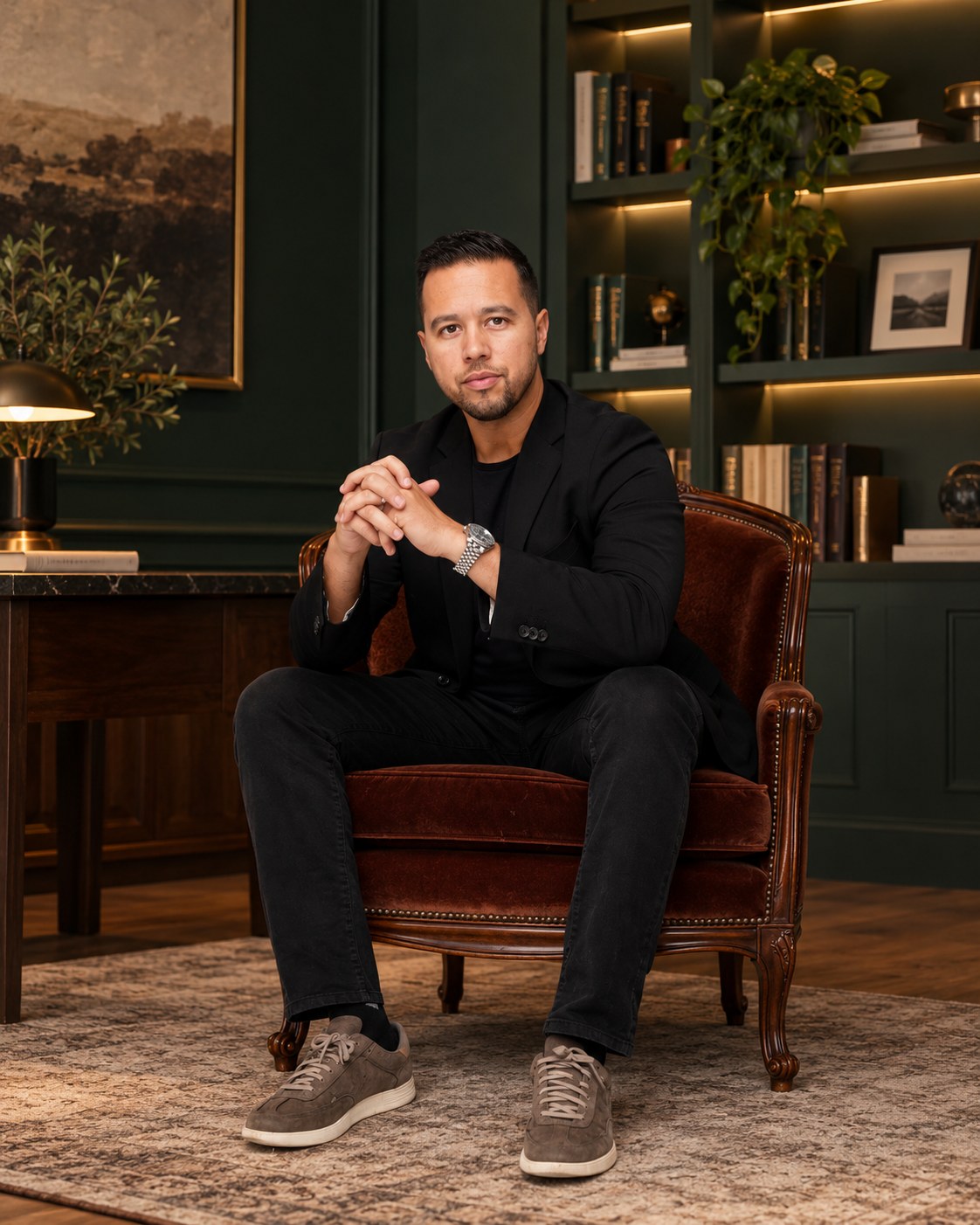 Franco Cabral seated in a velvet armchair in a dark green study.
